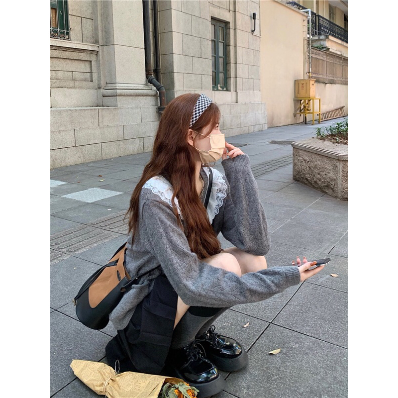 Áo cardigan len cổ ren trắng siêu đáng yêu 2023