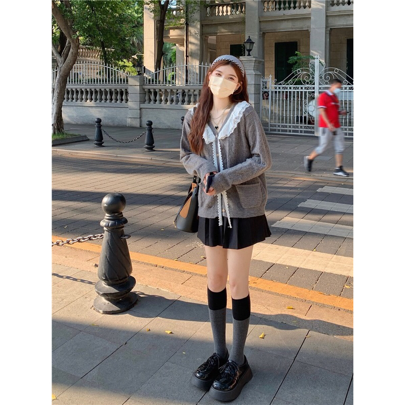 Áo cardigan len cổ ren trắng siêu đáng yêu 2023