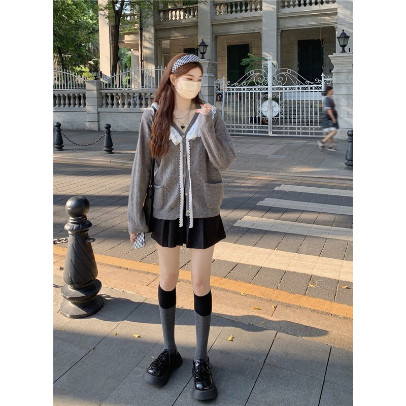 Áo cardigan len cổ ren trắng siêu đáng yêu 2023