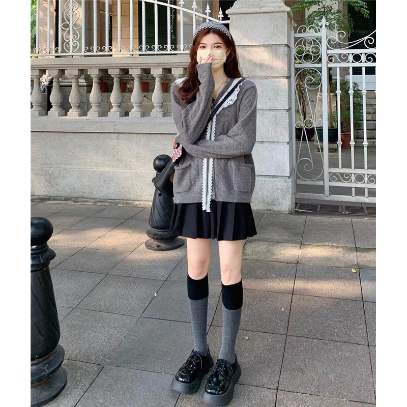 Áo cardigan len cổ ren trắng siêu đáng yêu 2023