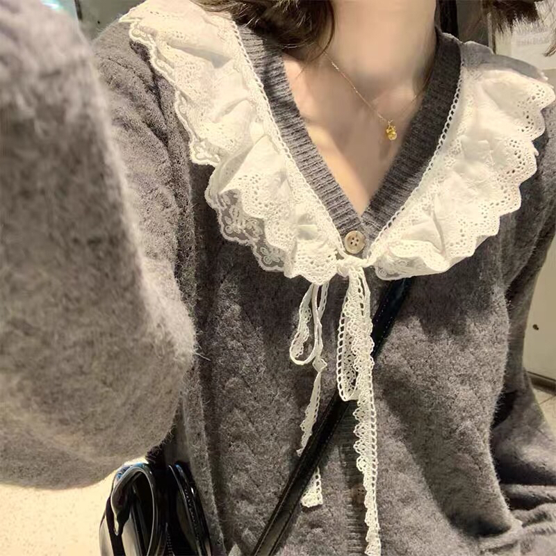 Áo cardigan len cổ ren trắng siêu đáng yêu 2023