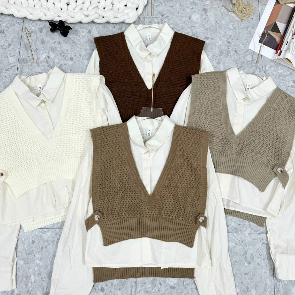 Áo Sơ Mi Nữ Phối Gile Len Nút Eo Trẻ Trung Thanh Lịch GOSS GA623 Áo Sơ Mi Nữ Dài Tay Thu Đông Đi Làm ĐI Học P223771