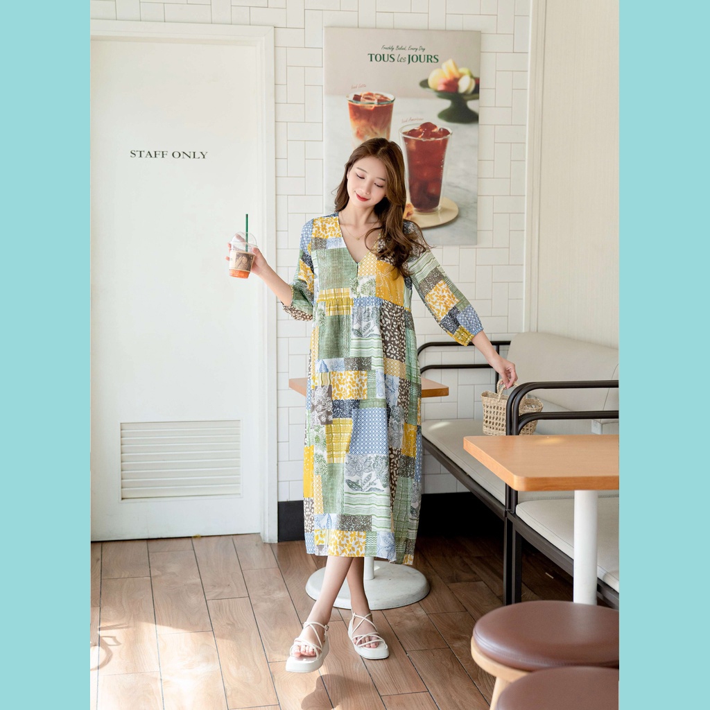 Đầm Babydoll dài ODS cổ V tay phồng dài đi chơi, đi dự tiệc tôn dáng cực xinh - AR10