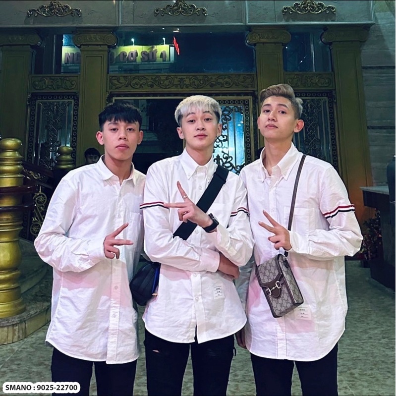 Áo SơMi Trắng Nam Nữ Dài Tay Thome Vải Thô Thêu Vạch Sọc Xanh Trắng Đỏ Viền Tay Siêu Cấp Cho Các Boy Phố Đi Học Đi