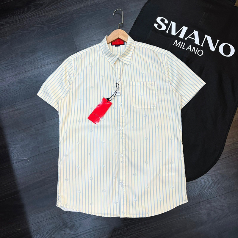 Áo SơMi Kẻ Nam Nữ Ngắn Tay G.C Be Hoạ Tiết Kẻ Sọc Xanh Logo Chữ Monogram Siêu Cấp Cho Các Boy Phố Đi Chơi đám Cưới