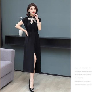 Váy dài cổ bẻ eo chun xuất Hàn (có sẵn)