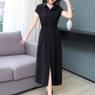 Váy dài cổ bẻ eo chun xuất Hàn (có sẵn)