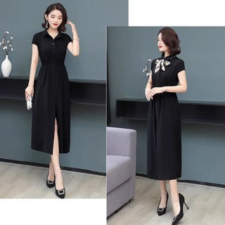 Váy dài cổ bẻ eo chun xuất Hàn (có sẵn)