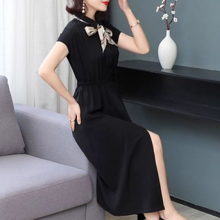 Váy dài cổ bẻ eo chun xuất Hàn (có sẵn)