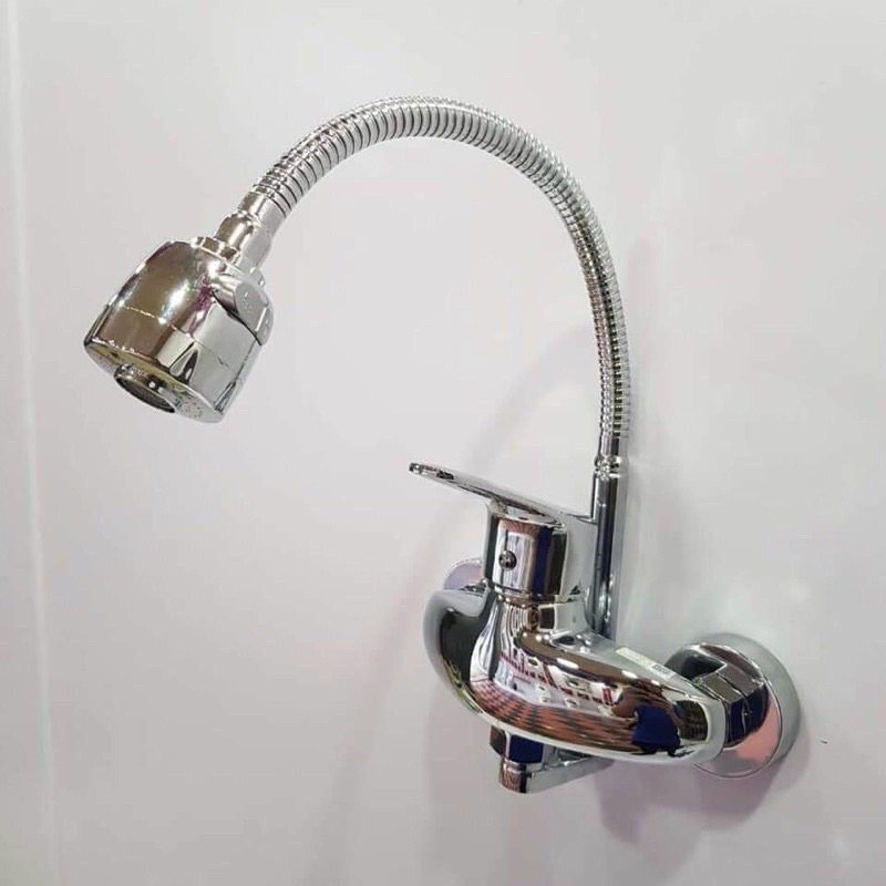 Vòi rửa chén bát nóng lạnh gắn tường cần mềm Inox 304 bóng- Bảo hành 3 năm toàn quốc