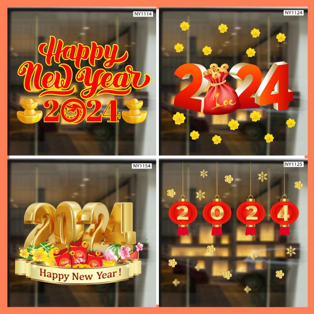 Decal trang trí tết cao cấp Happy New Year có keo sẵn dán được trên tường và kính-Giấy dán tết màu sắc nét dễ dán