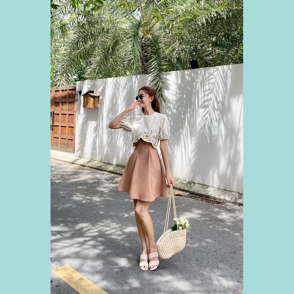 Đầm thêu ODS thiết kế, thêu hoa, tay ngắn phồng, dây kéo sau, thời trang, tôn dáng - SIA29