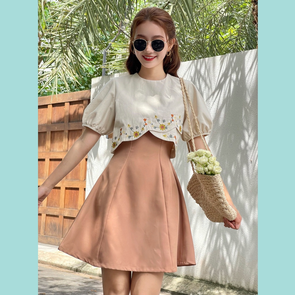 Đầm thêu ODS thiết kế, thêu hoa, tay ngắn phồng, dây kéo sau, thời trang, tôn dáng - SIA29