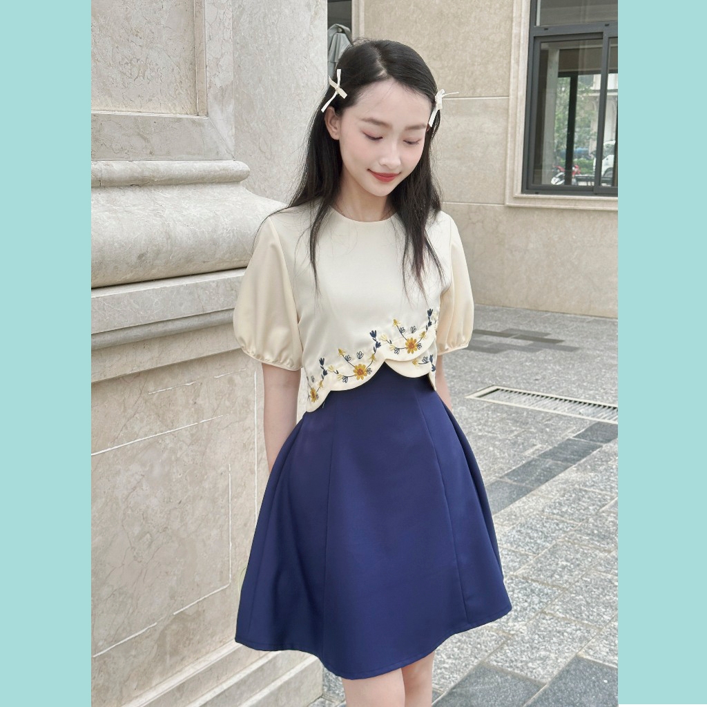 Đầm thêu ODS thiết kế, thêu hoa, tay ngắn phồng, dây kéo sau, thời trang, tôn dáng - SIA29