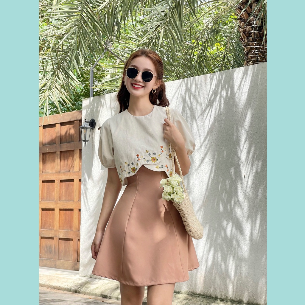 Đầm thêu ODS thiết kế, thêu hoa, tay ngắn phồng, dây kéo sau, thời trang, tôn dáng - SIA29