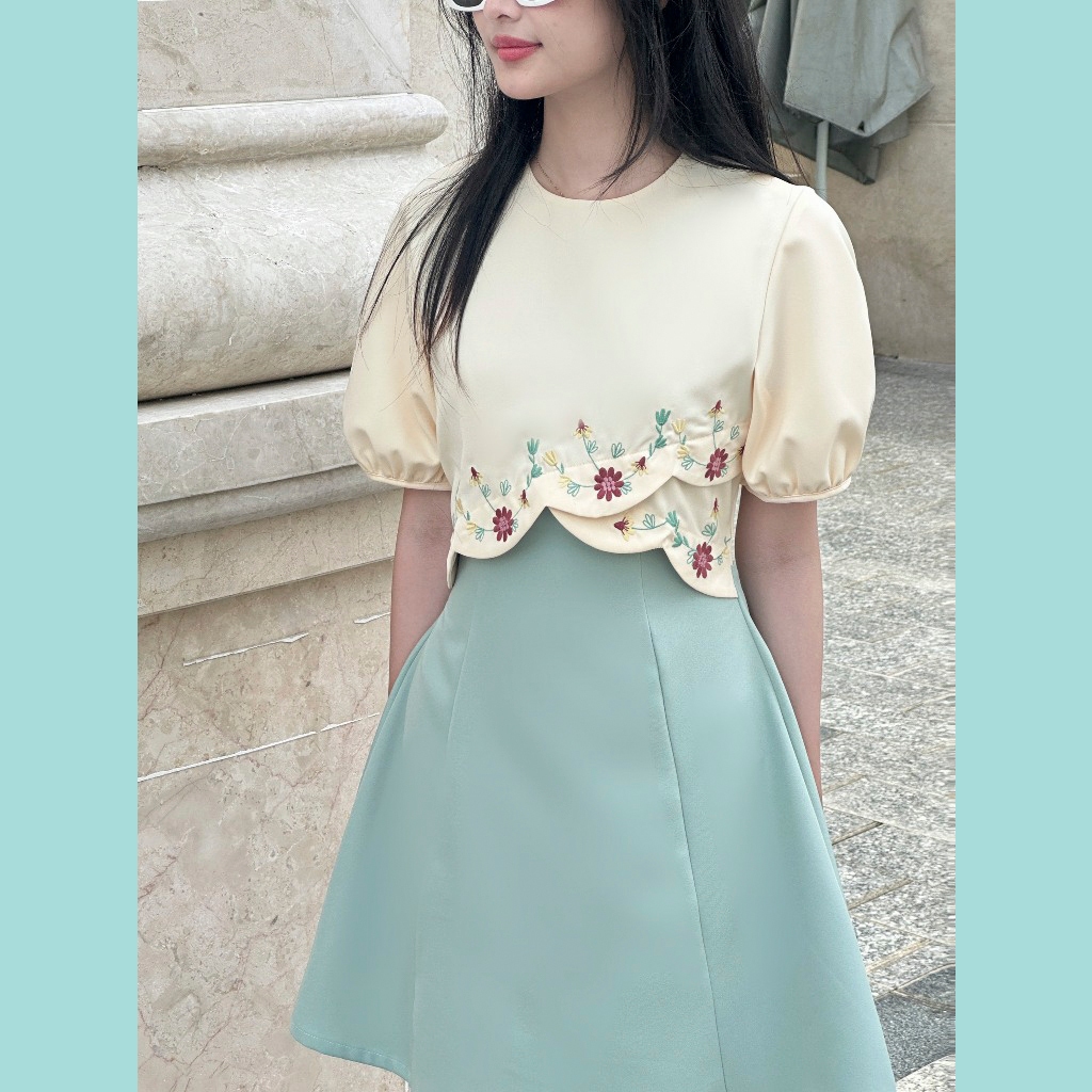 Đầm thêu ODS thiết kế, thêu hoa, tay ngắn phồng, dây kéo sau, thời trang, tôn dáng - SIA29