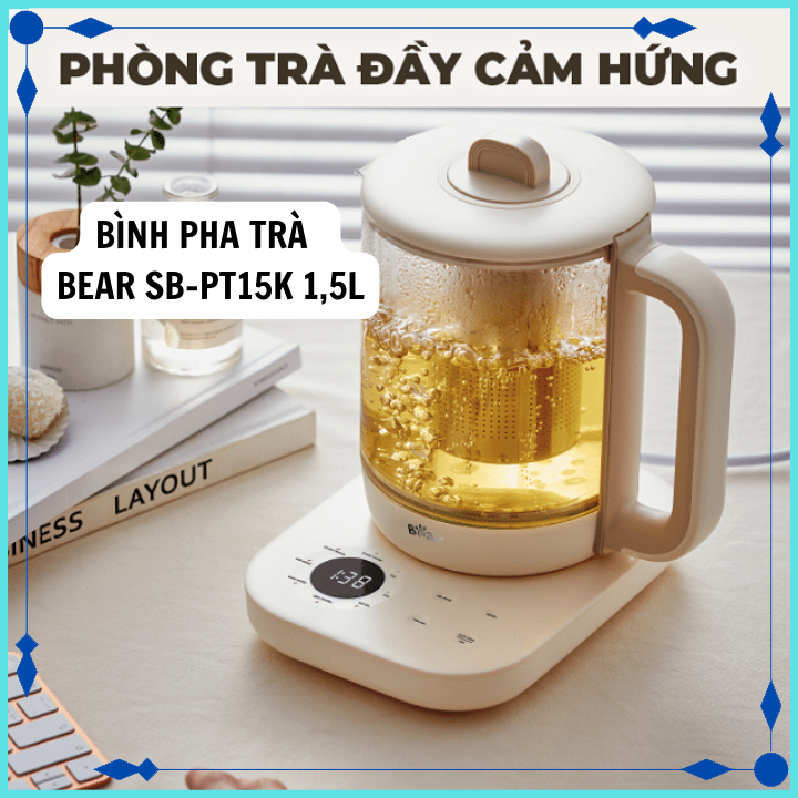 Bình pha trà Bear SB-PT15K 1000W ấm thủy tinh đun nước giữ nhiệt hẹn giờ, có lõi lọc