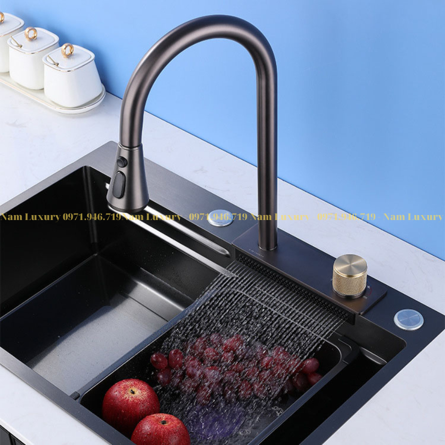 Chậu Rửa Bát 1 Hố Lớn Inox 304 Mạ Nano Có Vòi Rút Thác Bồn Rửa Chén 1 Ngăn Lớn Có Vòi Rút Thác Xả Ngang KT 75x46 cm