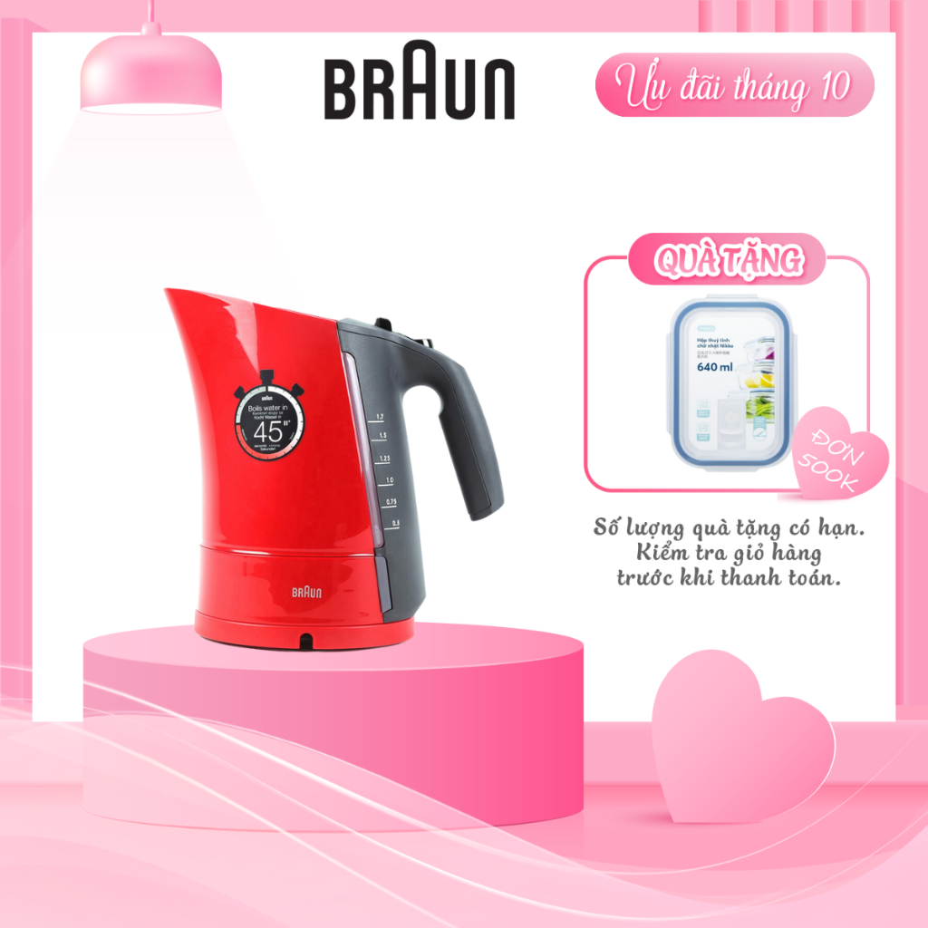 Ấm đun nước siêu tốc Braun WK300RD Sản xuất 100% tại Châu Âu Công suất 2200w, đun siêu tốc chỉ 45 giây, dung tích 1.7l