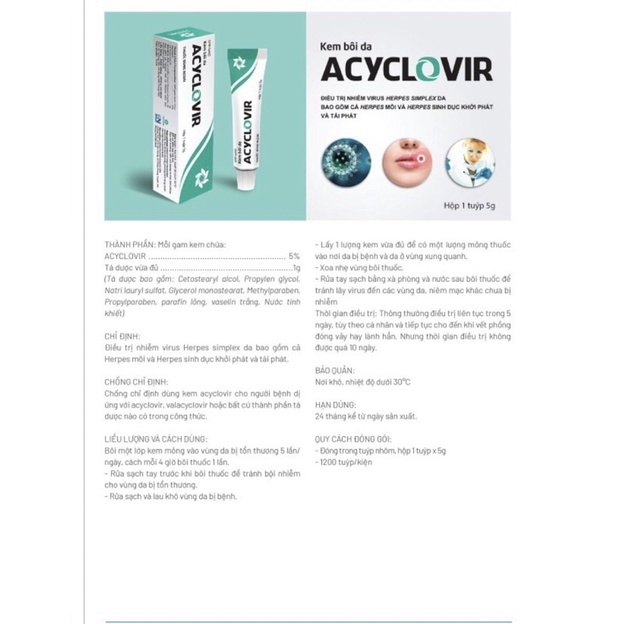 Kem Bôi Ngoài Da Acyclovir Herpes, Zona, Thủy Đậu