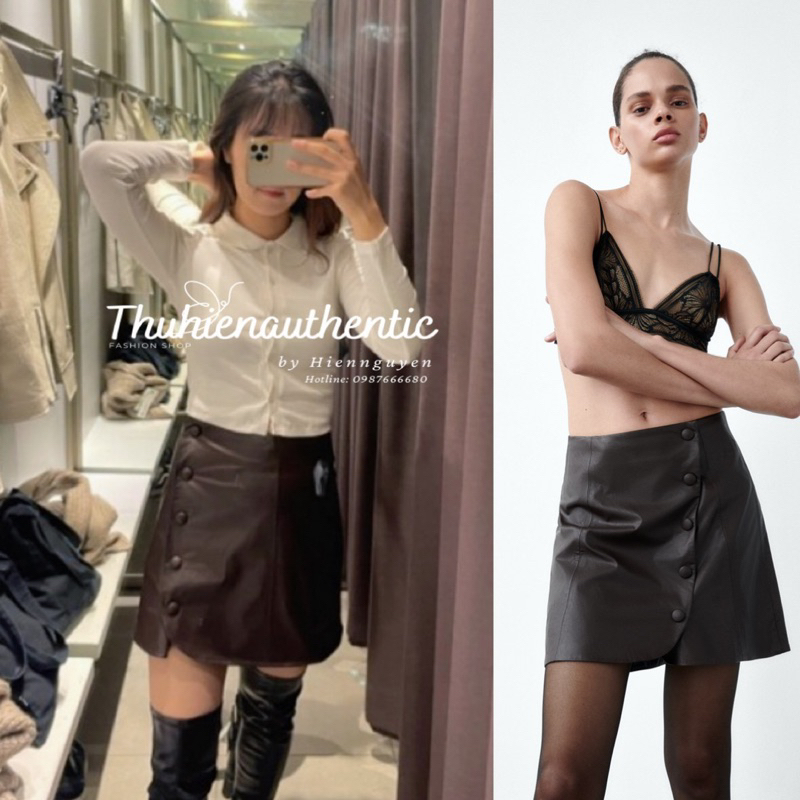 Chân váy da nâu nút cúc bọc mã code: 3046/318/700 ZARA chính hãng(kèm ảnh thật)