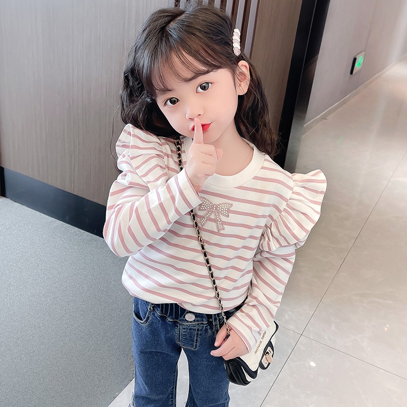 Áo thu đông cho bé gái tay dài cánh tiên kẻ sọc chất vải bo tăm cotton đính đá cho bé từ 9 đến 20 kg lovelykid97.store