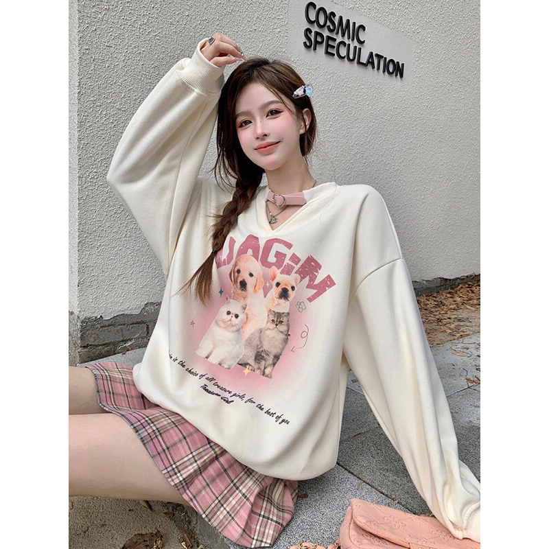 Set Áo Nỉ Dài Tay Form Rộng In Họa Tiết hoạt hình + Chân Váy Ca Rô Lưng Cao Thời Trang Dành Cho Nữ