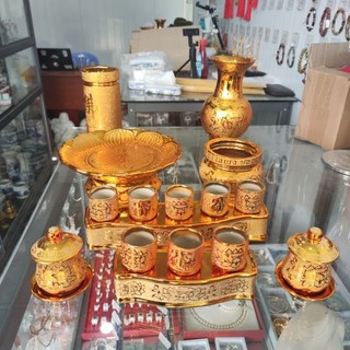 Bộ thờ cúng bình hoa, đĩa, lư hương, áng 5, áng 3, ống nhang kim sa