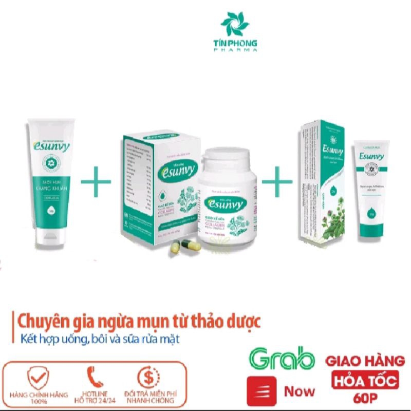 Trọn bộ ngừa mụn ESUNVY (Viên uống+ Kem+ Sữa rửa mặt).Giúp giảm mụn trứng cá, hạn chế vết thâm, điều tiết bã nhờn