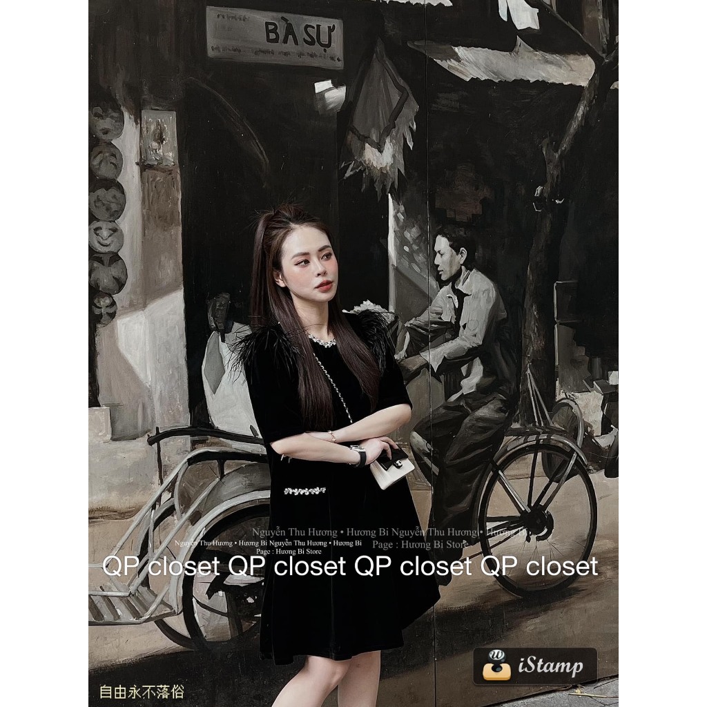 Váy nhung xuông cổ đá túi đá vai lông