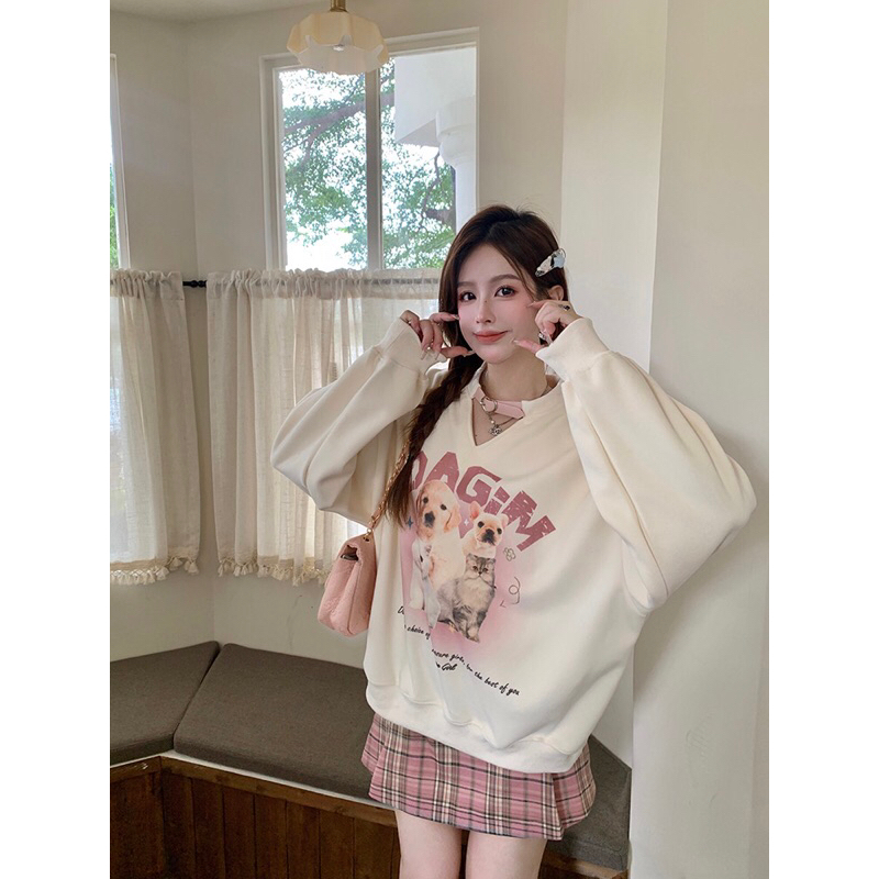 Set Áo Nỉ Dài Tay Form Rộng In Họa Tiết hoạt hình + Chân Váy Ca Rô Lưng Cao Thời Trang Dành Cho Nữ