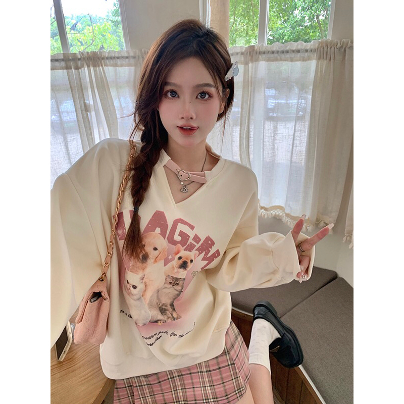 Set Áo Nỉ Dài Tay Form Rộng In Họa Tiết hoạt hình + Chân Váy Ca Rô Lưng Cao Thời Trang Dành Cho Nữ