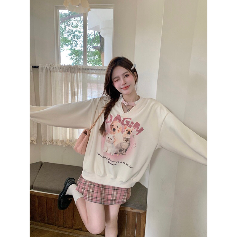 Set Áo Nỉ Dài Tay Form Rộng In Họa Tiết hoạt hình + Chân Váy Ca Rô Lưng Cao Thời Trang Dành Cho Nữ