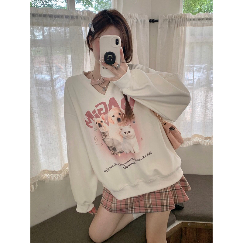 Set Áo Nỉ Dài Tay Form Rộng In Họa Tiết hoạt hình + Chân Váy Ca Rô Lưng Cao Thời Trang Dành Cho Nữ