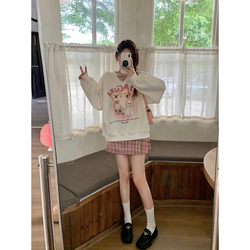 Set Áo Nỉ Dài Tay Form Rộng In Họa Tiết hoạt hình + Chân Váy Ca Rô Lưng Cao Thời Trang Dành Cho Nữ