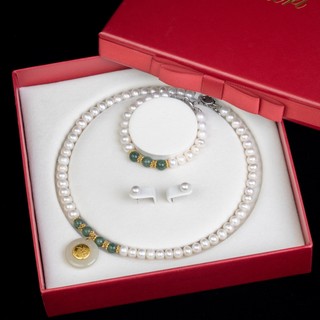Vòng cổ ngọc trai nước ngọt tự nhiên tặng mẹ tặng bà kết hợp đá Nephrit sang trọng - DB2937 - Bảo Ngọc Jewelry