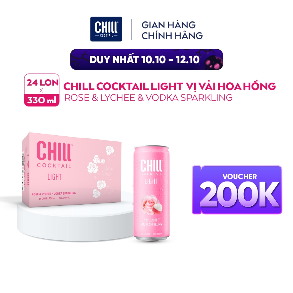 Thùng 24 lon Chill Cocktail vị Vải & Hoa Hồng 330ml/lon