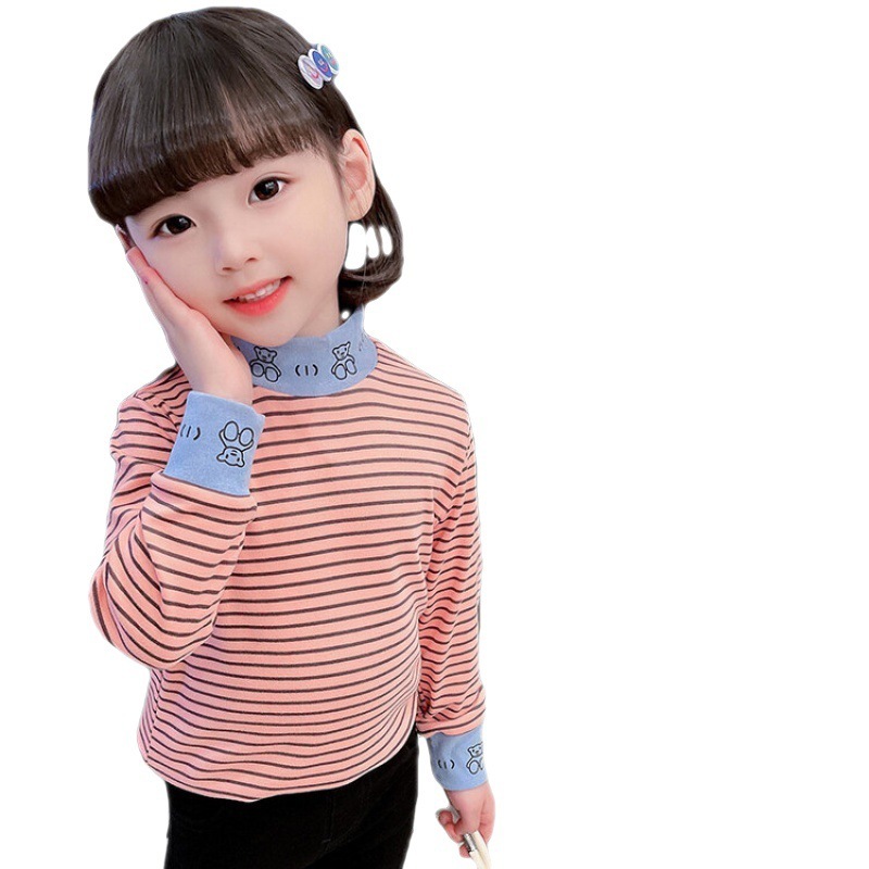 Áo thu đông cho bé gái tay dài cổ cao in gấu kẻ sọc chất vải bo tăm cotton cho bé từ 9 đến 20 kg lovelykid97.store