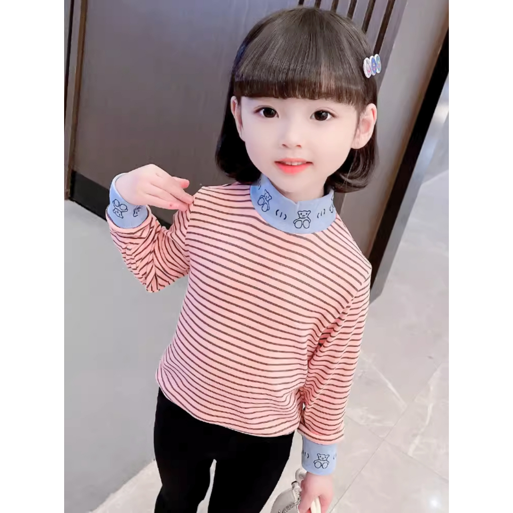 Áo thu đông cho bé gái tay dài cổ cao in gấu kẻ sọc chất vải bo tăm cotton cho bé từ 9 đến 20 kg lovelykid97.store