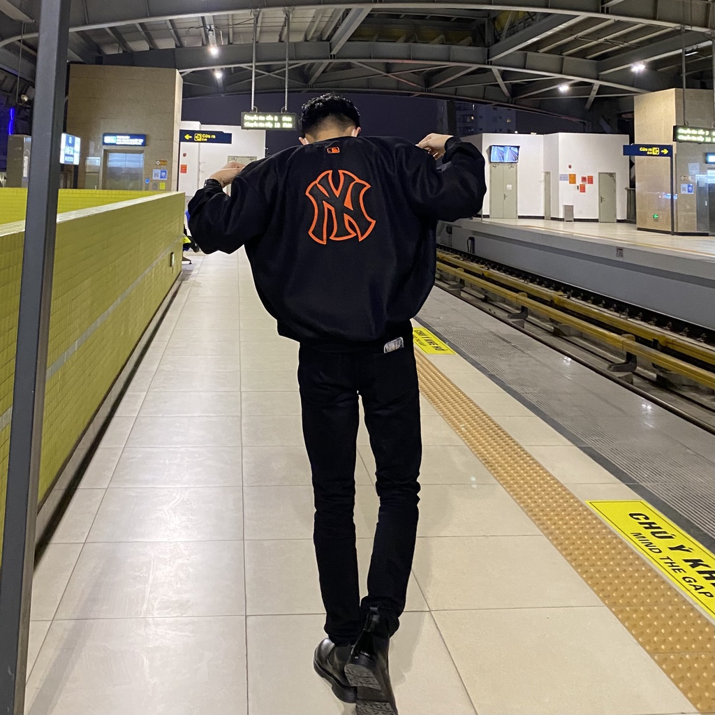 Áo Khoác Bomber Nam Nữ Phối Tay Da - Áo Varsity Jacket Bóng Chày NY Chất Dạ Logo Thêu Cao Cấp