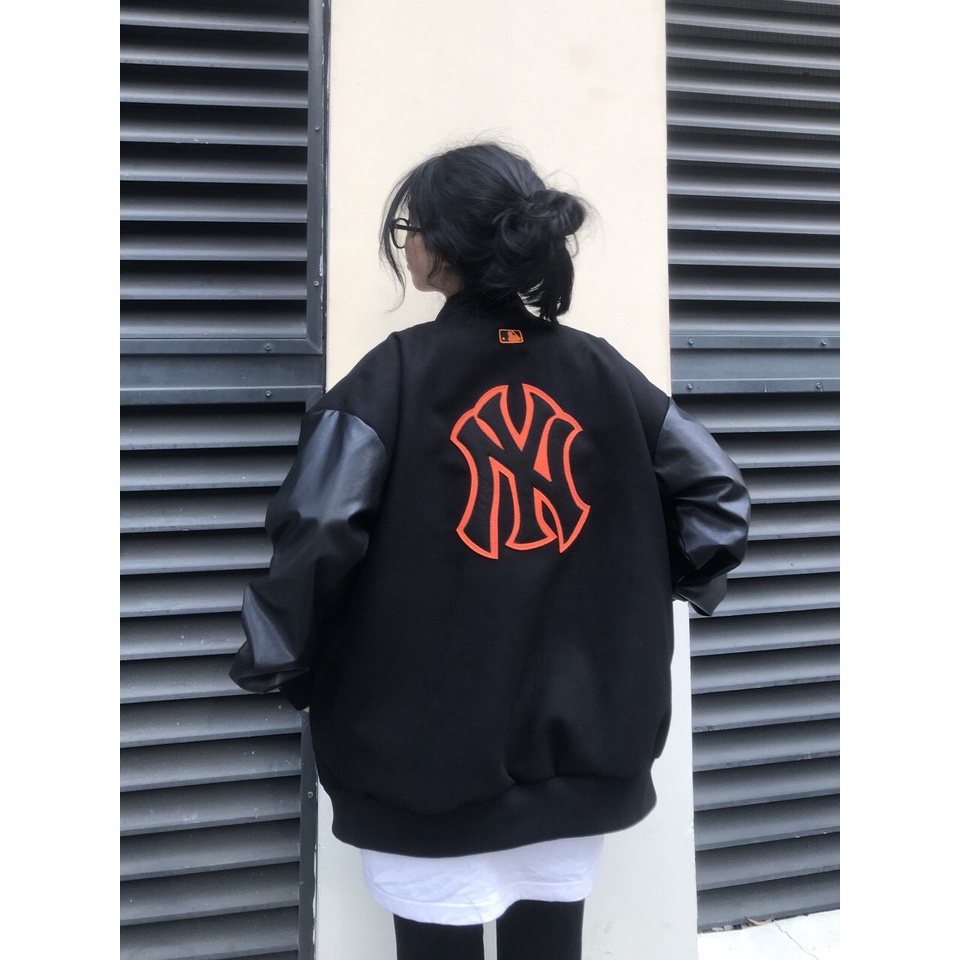Áo Khoác Bomber Nam Nữ Phối Tay Da - Áo Varsity Jacket Bóng Chày NY Chất Dạ Logo Thêu Cao Cấp