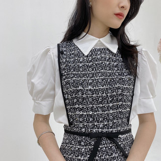 Set áo sơ mi yếm dạ hoạ tiết đen 262