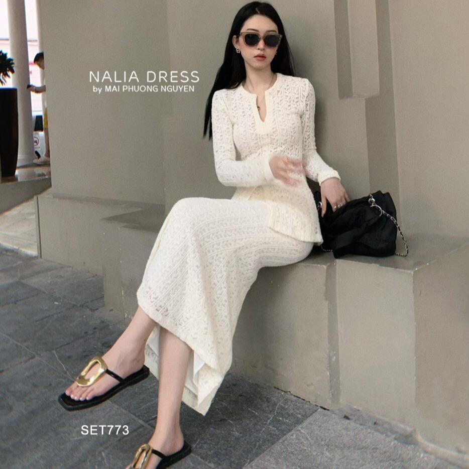 NALIA Jenna - Áo ren cổ chữ V phối chân váy ren thiết kế SET773