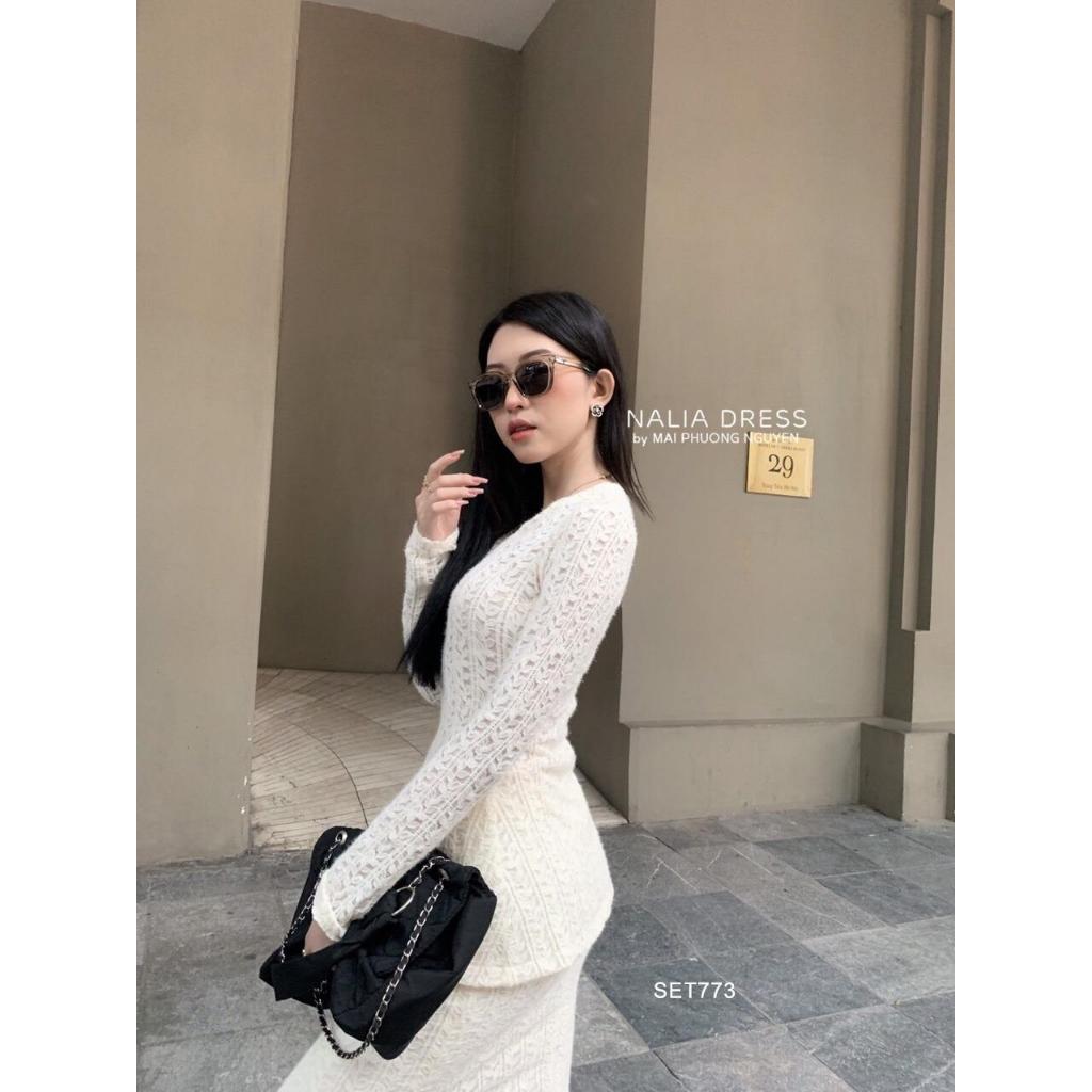 NALIA Jenna - Áo ren cổ chữ V phối chân váy ren thiết kế SET773