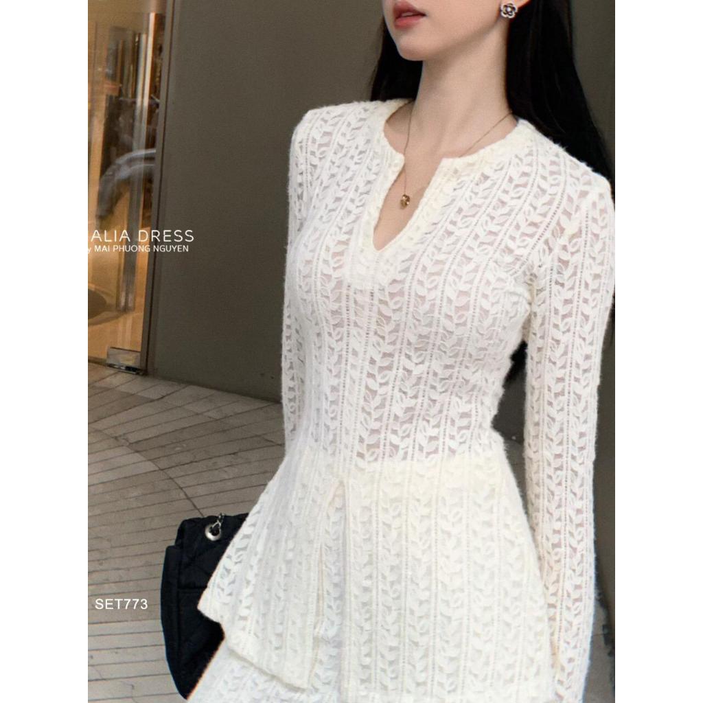 NALIA Jenna - Áo ren cổ chữ V phối chân váy ren thiết kế SET773