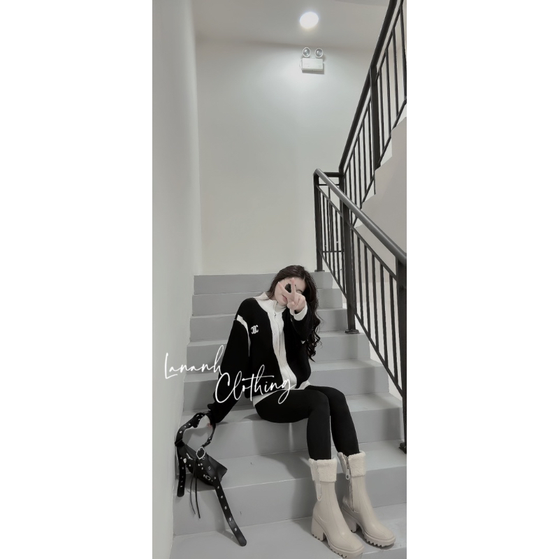 Áo khoác len phối đen trắng QC