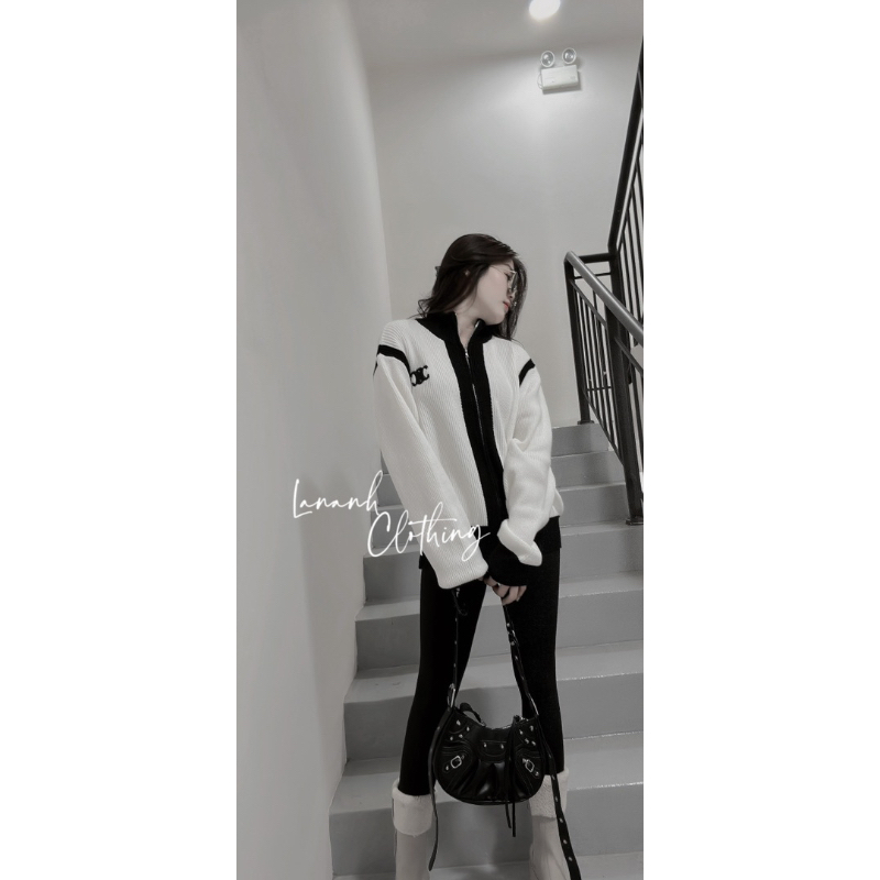 Áo khoác len phối đen trắng QC