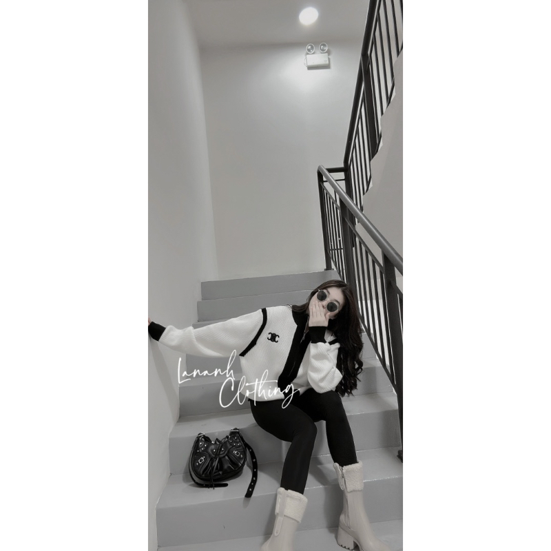 Áo khoác len phối đen trắng QC