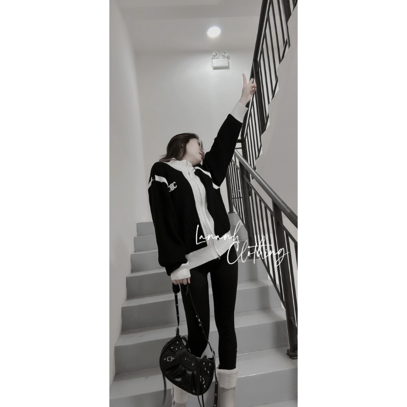 Áo khoác len phối đen trắng QC