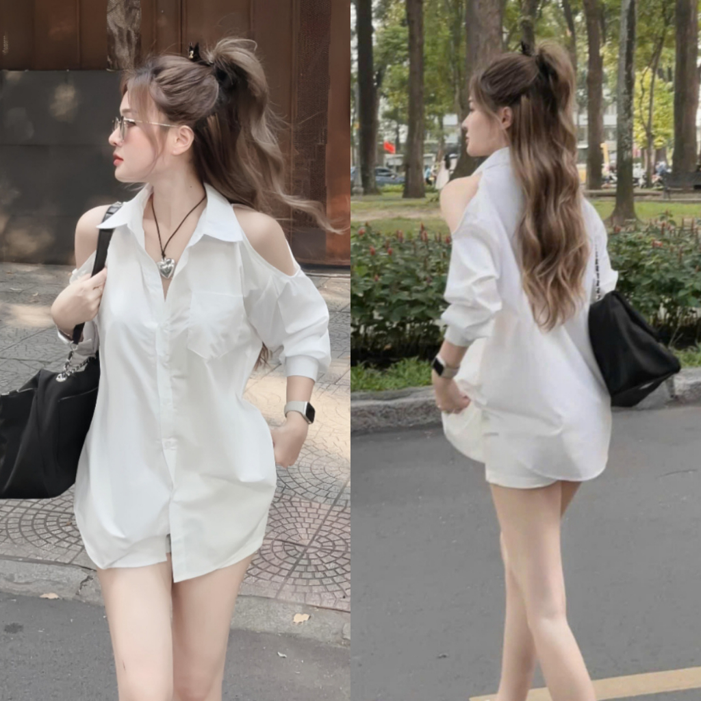 Áo sơ mi tay dài khoét vai, kiểu dáng Hàn Quốc form rộng
